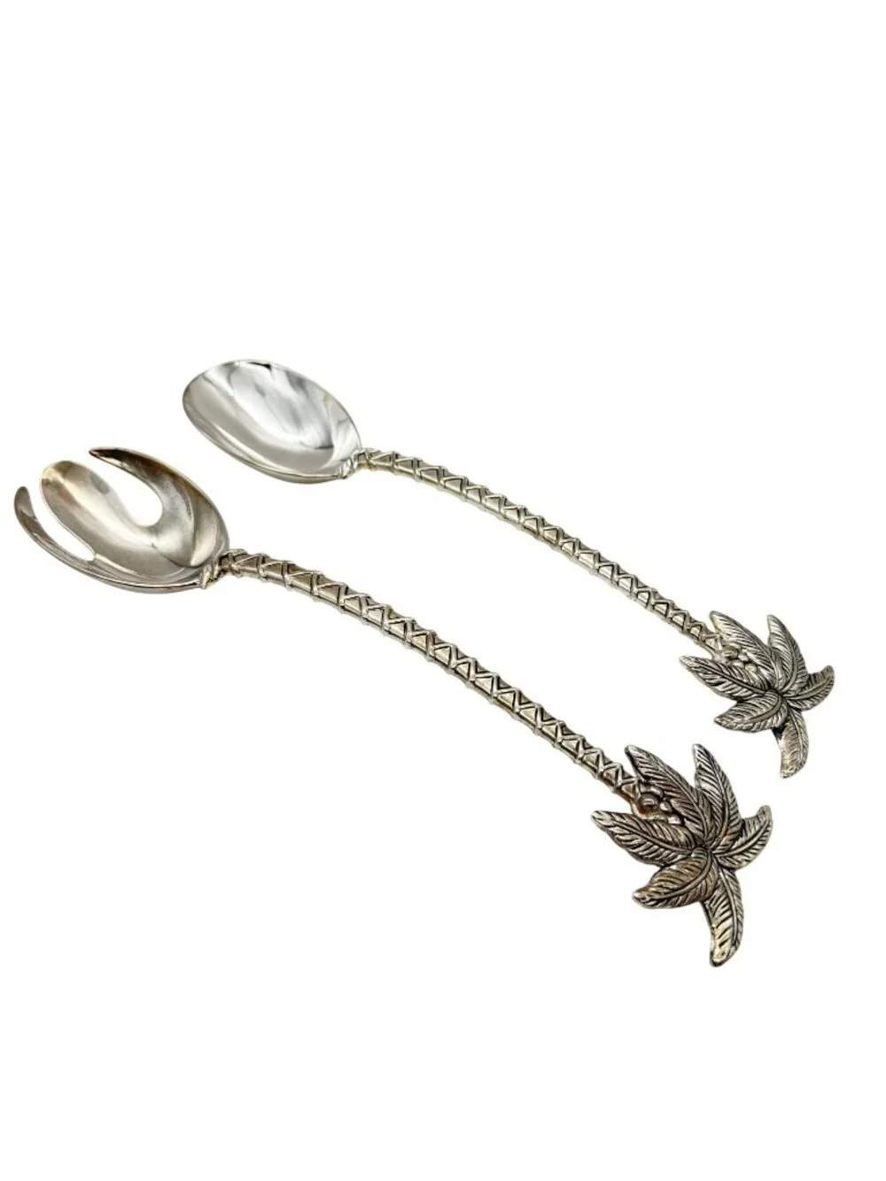 Godinger Palm Tree Salad Servers Silver Plate Fork & Spoon 12.5